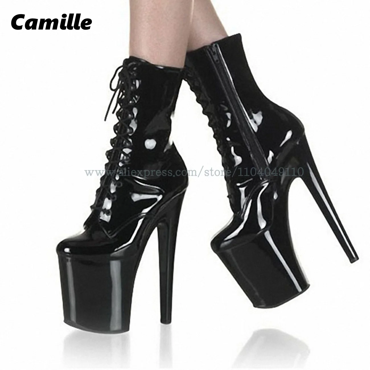 

Patent Leather Side Zipper Front Strap High Platform Boots 17cm Super High Heel Nightclub Fashion Boots All-Match Casual Shoes