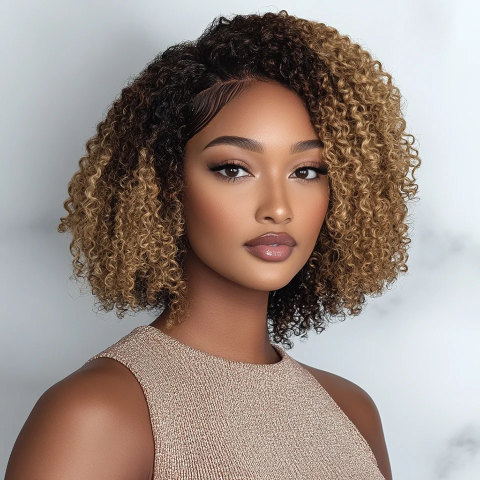 

Ombre Коричневые вьющиеся парики Кудрявые вьющиеся человеческие волосы Боб парики 13x5x1 T Кружевной фронтальный парик из человеческих волос 180% Плотность 10 дюймов Предварительно выщипанные парики