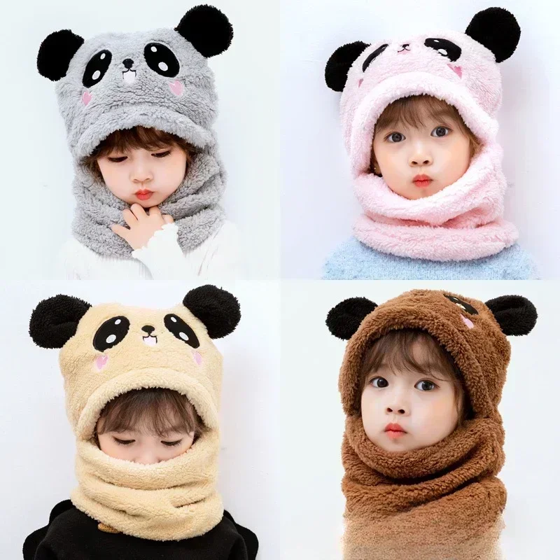 Cartoon Hat for Girls Boys Scarf Thicken for Kids Newborn Baby Stuff Children Double Fur Warm Fleece Kids Caps Streetwear