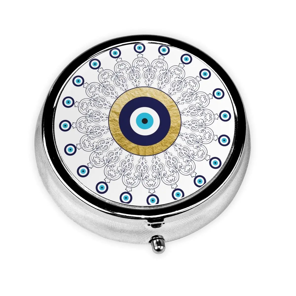 Evil Eye Mandala In Gold And Blue Small Portable Pill Cases for Pockets Lucky Charm Amulet Medicine Storage Case Pill Box Travel