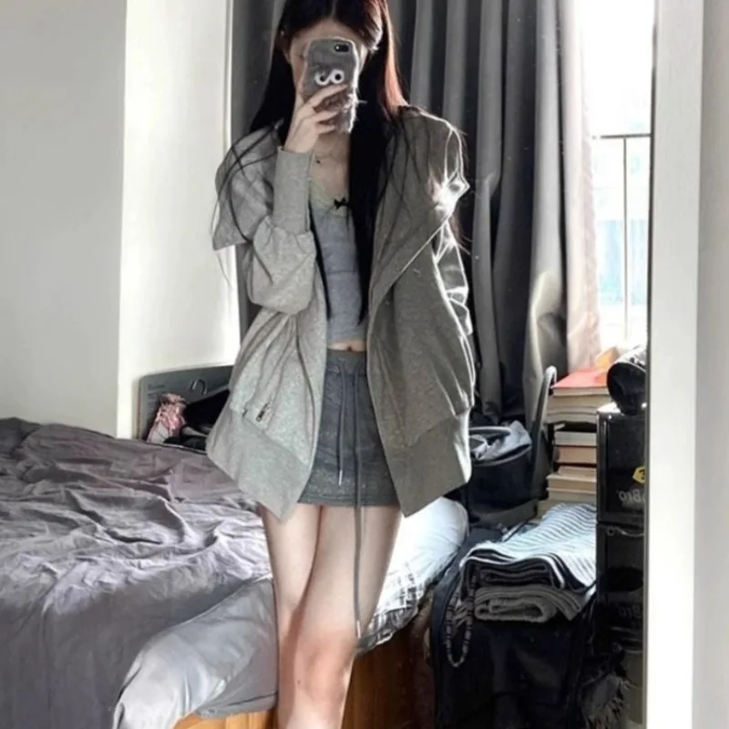 Hoodies Women Korean Fashion All-match Solid Loose Fit Hooded Zipper Daily Casual Classic Prevalent Autumn Outerwear Ulzzang