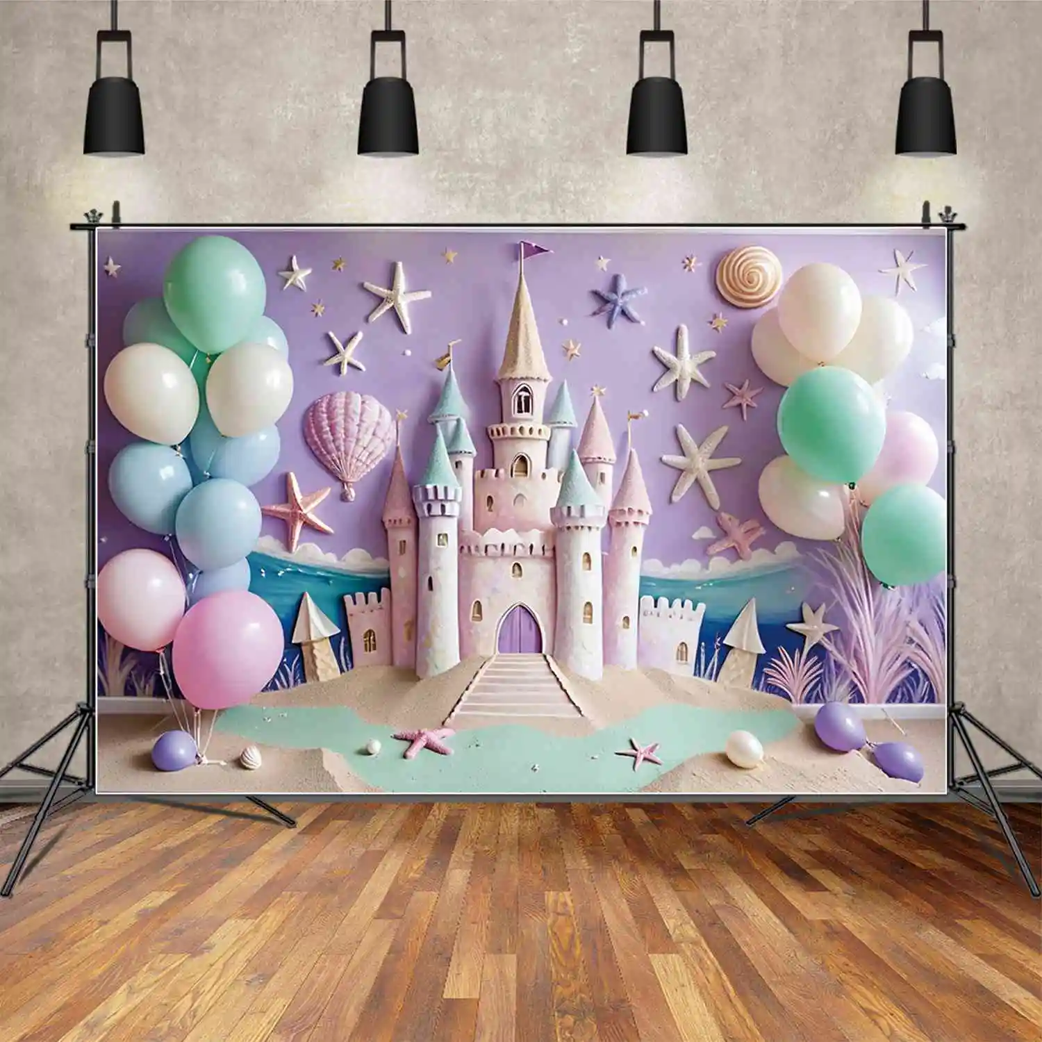 MOON.QG Sand Beach Castle Birthday Year Backgrounds Children Shell Balloon Starfish Backdrop Custom Party Photography Props