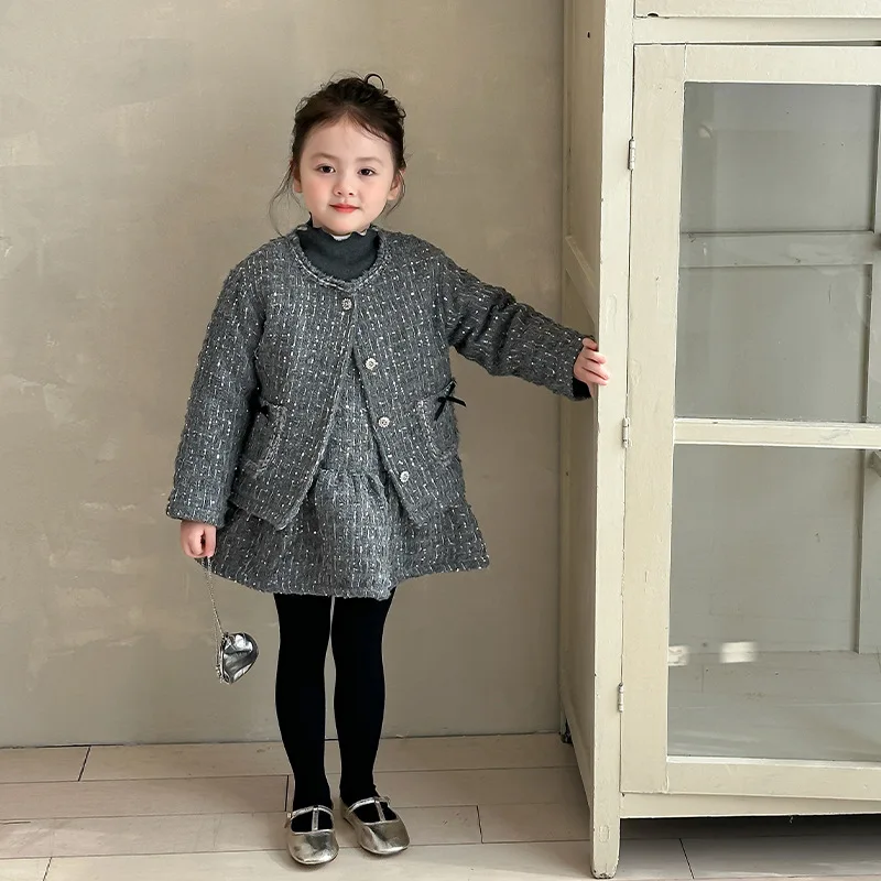 Baby Girls Gray Suits Children 2024 New Autumn Winter Fashion Coat and Skirt and Sweater Top Three-piece Set Clothes Suits