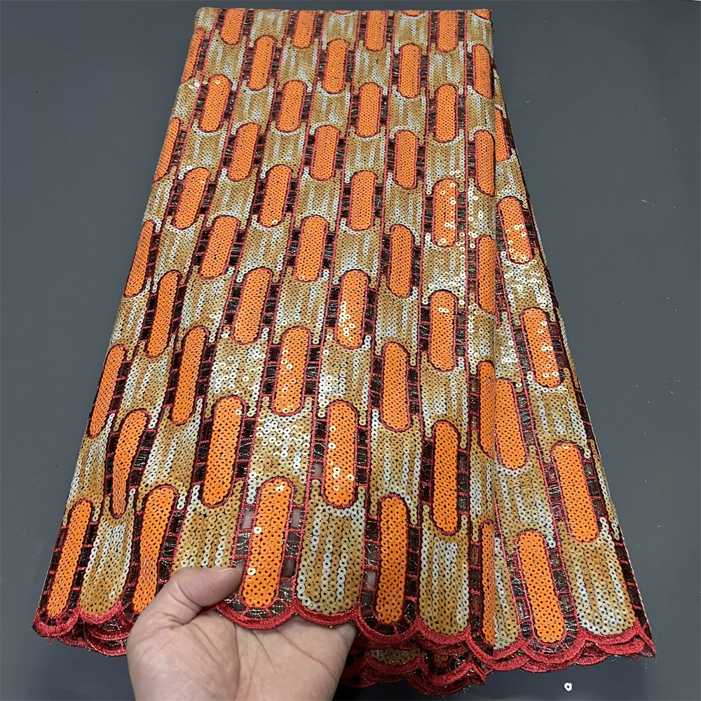 

2025 African Nigerian Sequins Embroidery Tulle Lace Fabric High Quality Beads Stone Prom Dresses Sewing Guipure 5 Yards PS0087