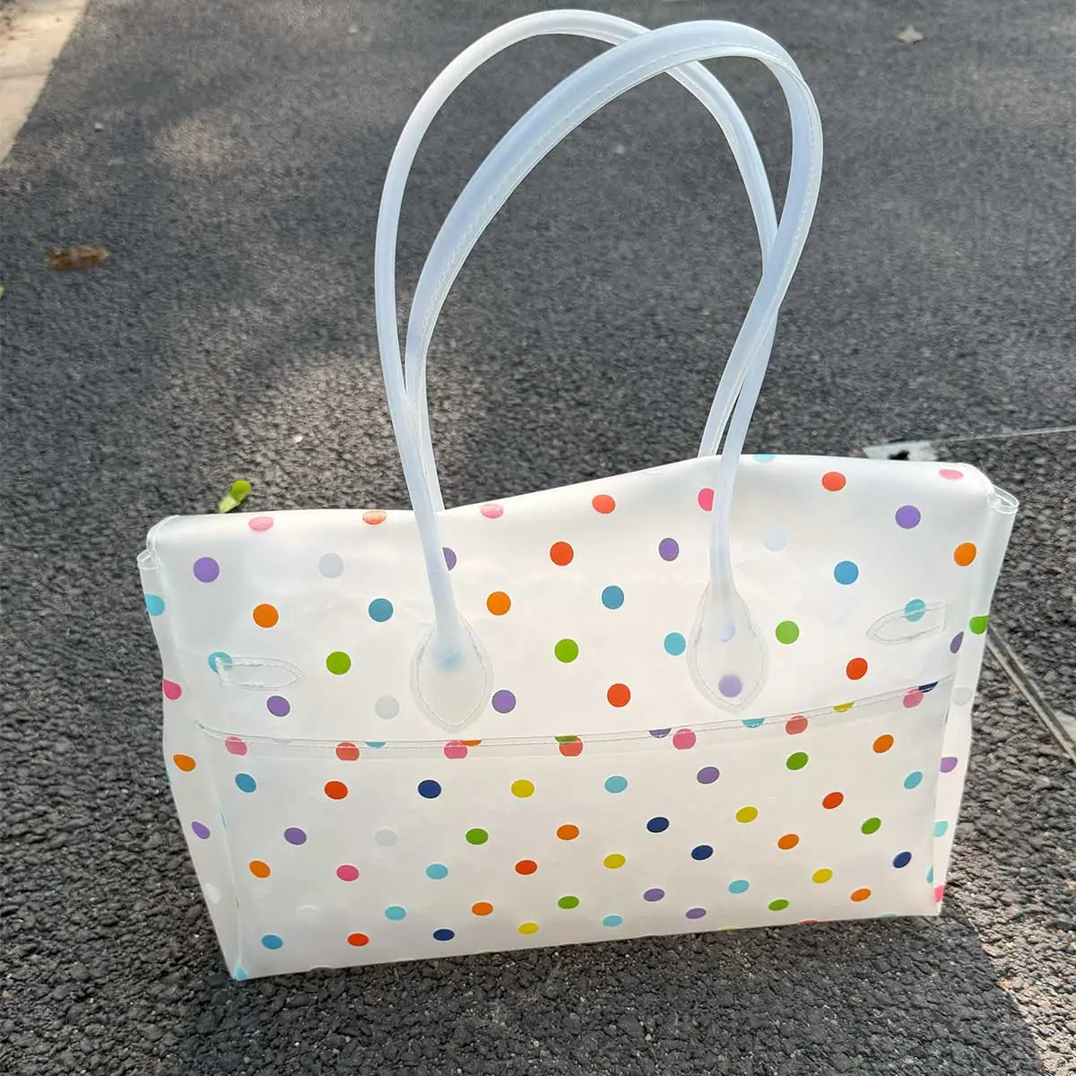 New 2026Waterproof Jelly Bag Handbag Candy Color Tote Bag Women Polka Dot Summer Fashionable Y2K Padlock Decor Shoulder Bags