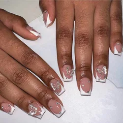 24Pcs Simple White French False Nails with Butterfly Rhinestone Design Short Square Square Press on Nails Ballet Fake Nail Tips