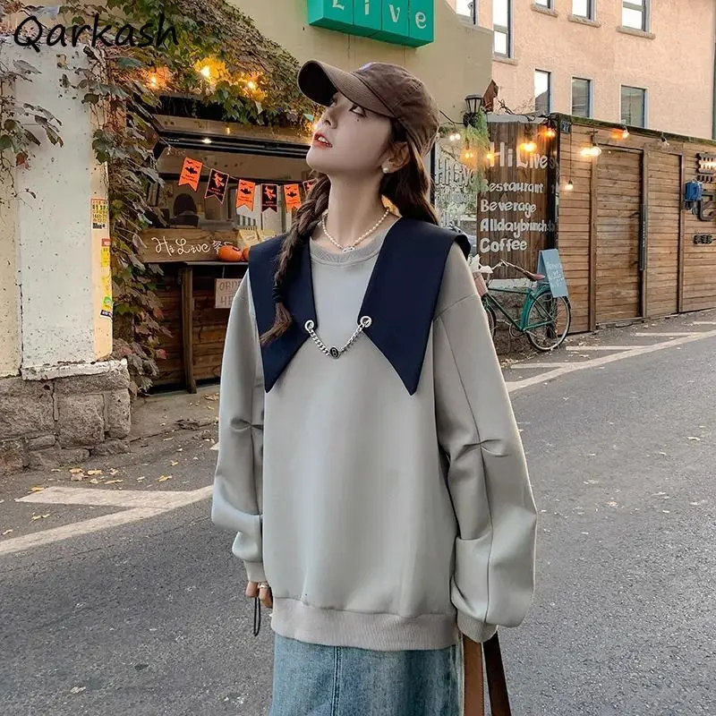 Shawl No Hat Hoodies Women Spring Autumn Loose Chain Patchwork Casual Simple O-neck Sweatshirts Stylish All-match Basic 2023 New