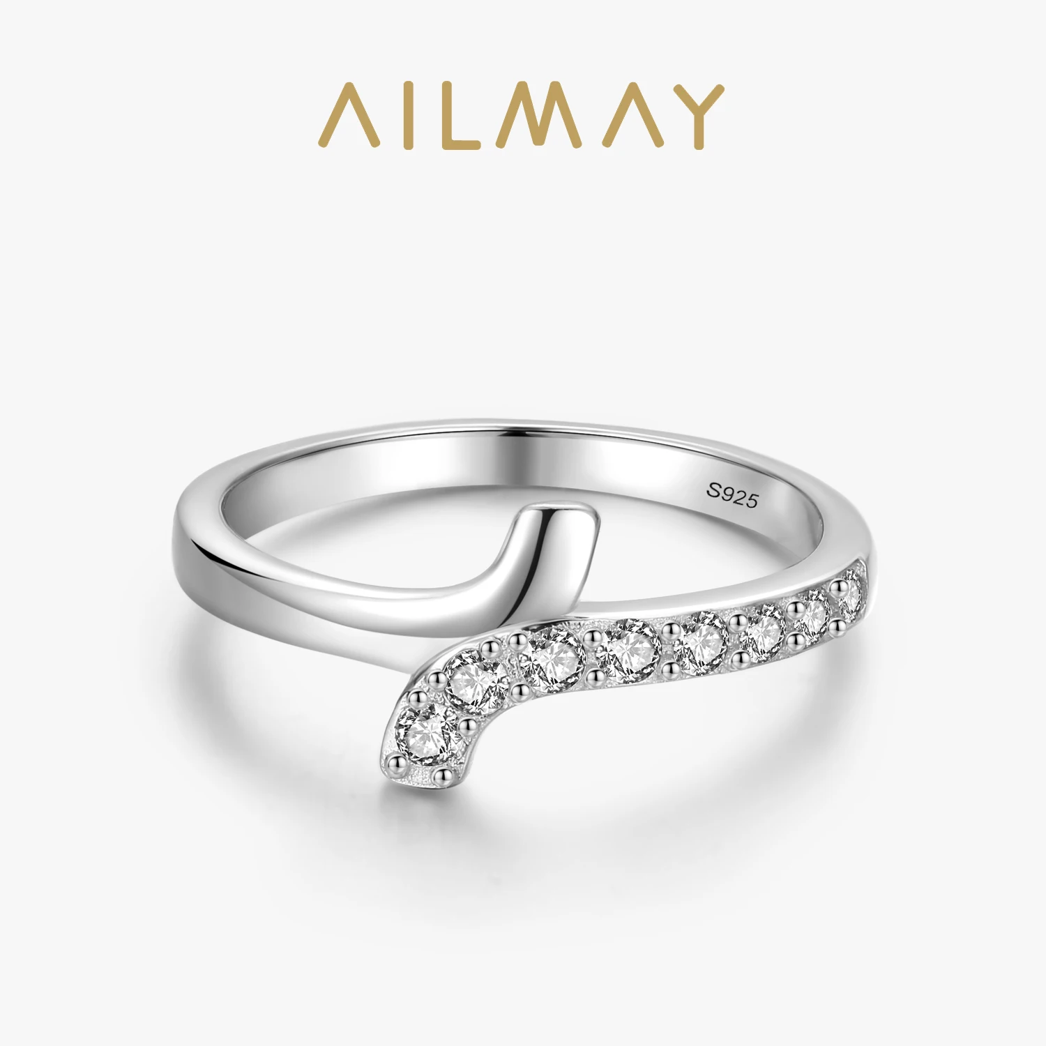 Ailmay 925 Sterling Silver Minimalist Simple Clear CZ Staggered Line X Shape Finger Rings For Women Statement Jewelry Gift