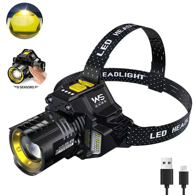  300LM Induction Outdoor Headlamp 5 Lighting Modes COB LED Telescopic Zoomable Headlight Built-in Battery Red Blue Side Light 