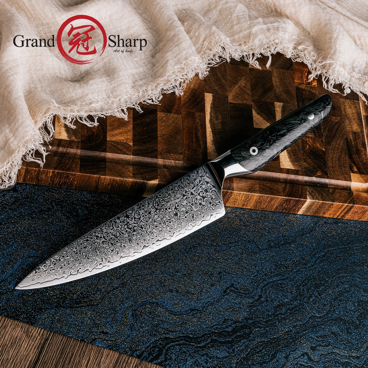 Grandsharp professionnel 8 pouces couteau de Chef acier damas 67 couches AUS-10 noyau résine noire et manche en Fiber de carbone couteau de cuisine