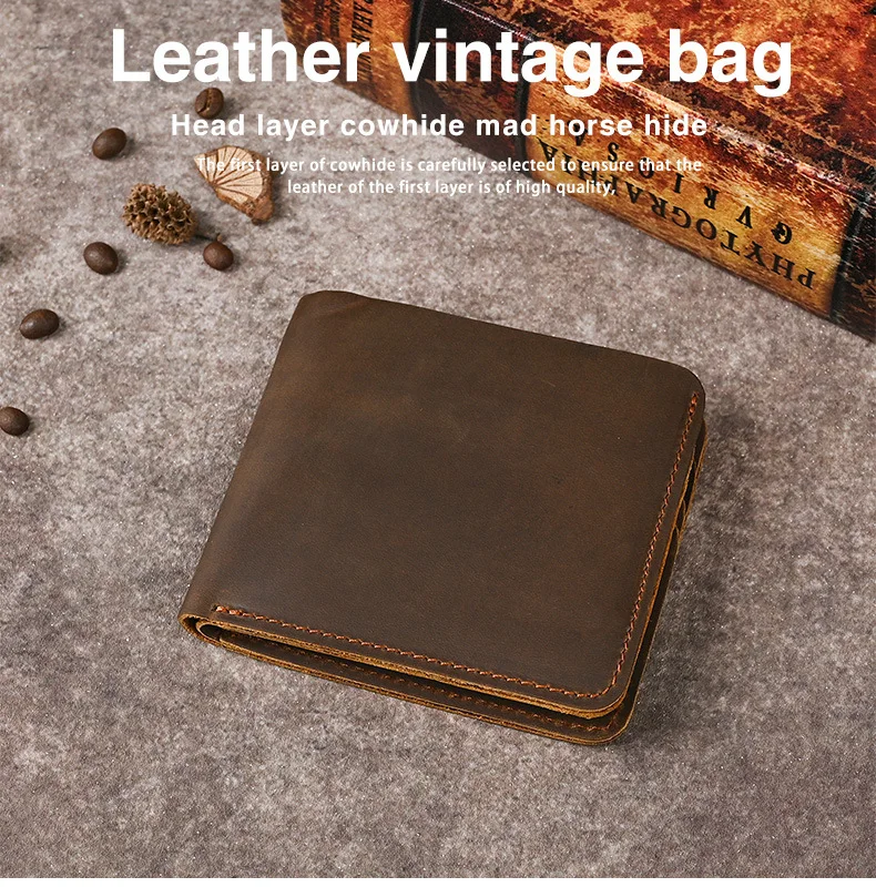 

Мужской короткий кошелек из кожи Crazy Horse в стиле ретро, простые карты, сертификаты, тонкий и легкий кошелек из натуральной кожи.