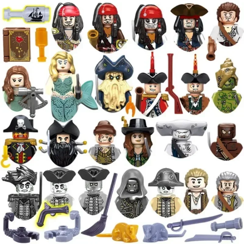 Piratas do caribe blocos de construção, conjunto de 8 peças, jack sparrow, figuras clássicas do filme, acessórios de cabeça, brinquedos para crianças