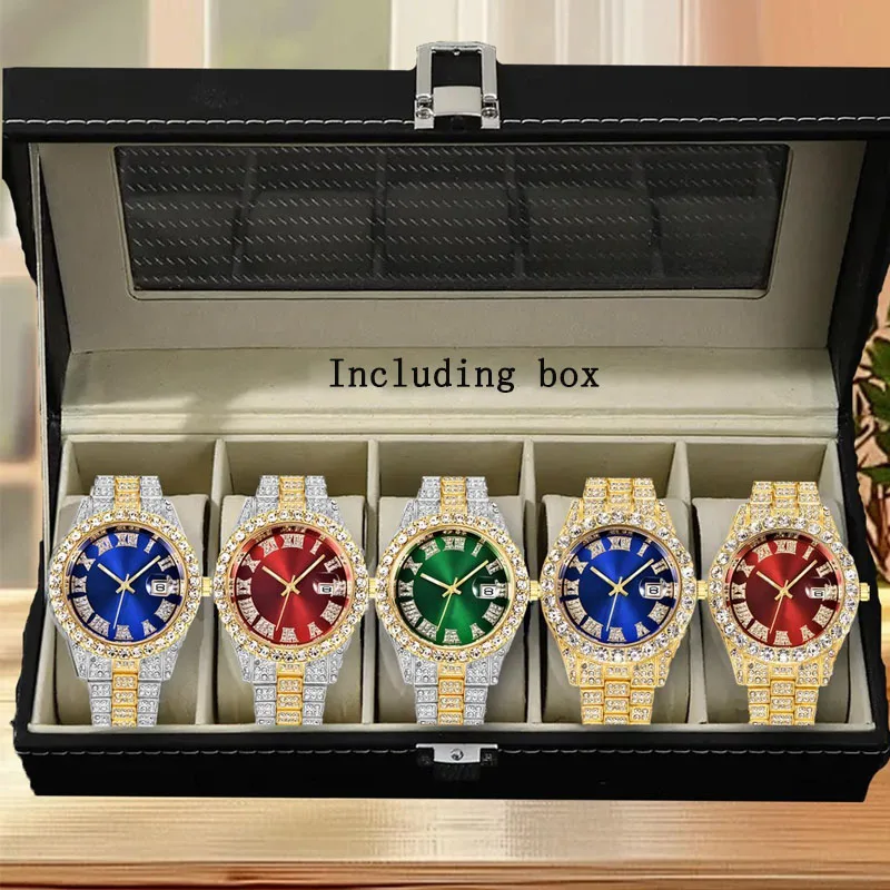 European and American popular men's steel strap hip-hop Roman scale diamond inlaid calendar men's quartz watch set