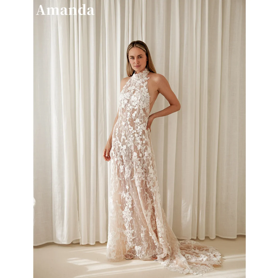 Amanda Luxury Halter Neck Champagne Lace Wedding Dress Sexy Open Back Memaid Vestidos De Novia Romantic Trumpet Robe De Mariée