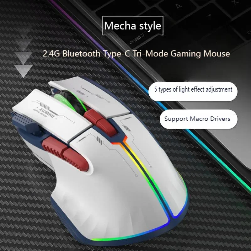 Mecha Style Tri-Mode Gaming Mouse 10000 Adjustable DPI 2.4G Bluetooth Wired Macro Driver RGB Rechargeable Mice for PC Laptop