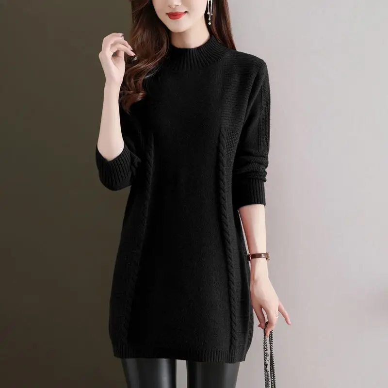 Thickened Outerwear Winter New Women's Fashion Solid Color Interior Loose Base Shirt Medium Long Half High Neck Knitted Sweater