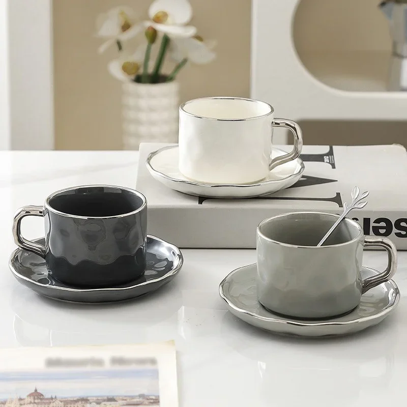 230ml European Style Coffee Cup with Saucer and spoon Ceramic mug Solid Color Tea Cup and Saucer Set Afternoon Tea Milk Cup