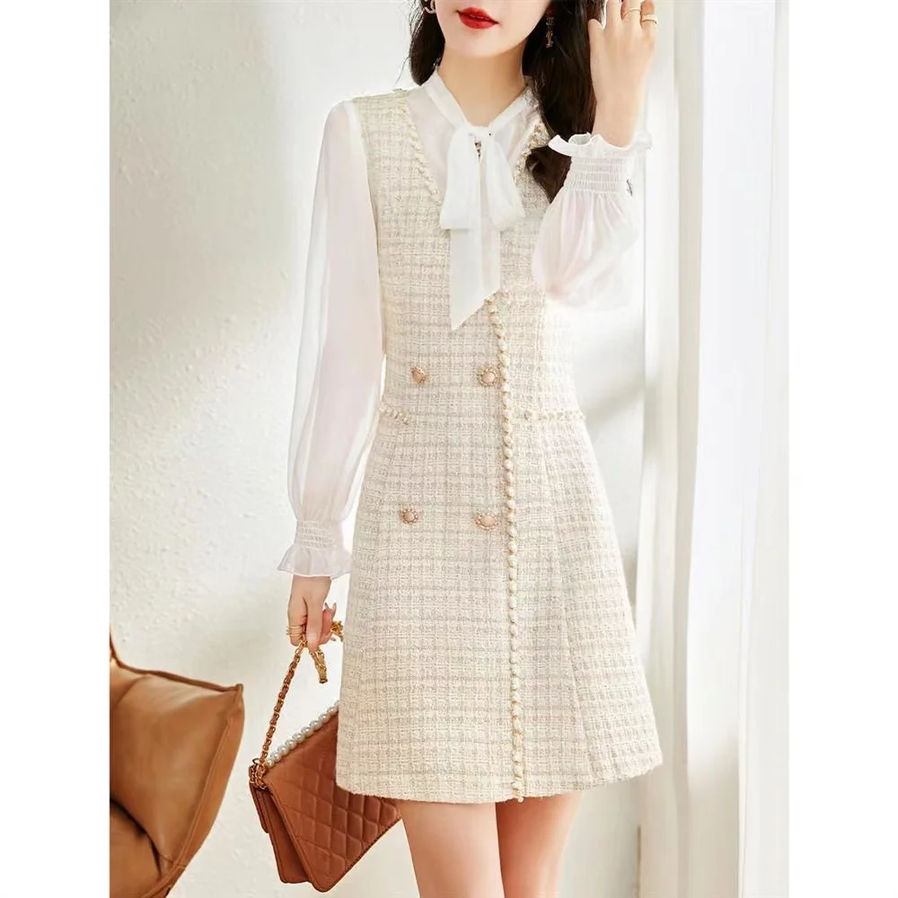 Spring Summer New Bow Slim Mini Casual Dress Women\'s Elegant Chiffon Long Sleeve Patchwork Double Breasted Decorate Dress