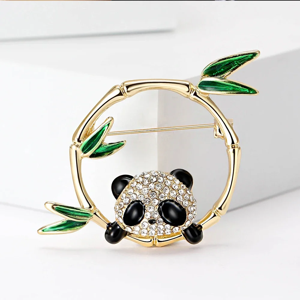 Cute Bamboo Panda Shaped Brooch Shiny Rhinestone Inlaid Metal Animal Lapel Pin For Women Dress Coat Sweater Corsage Accessories
