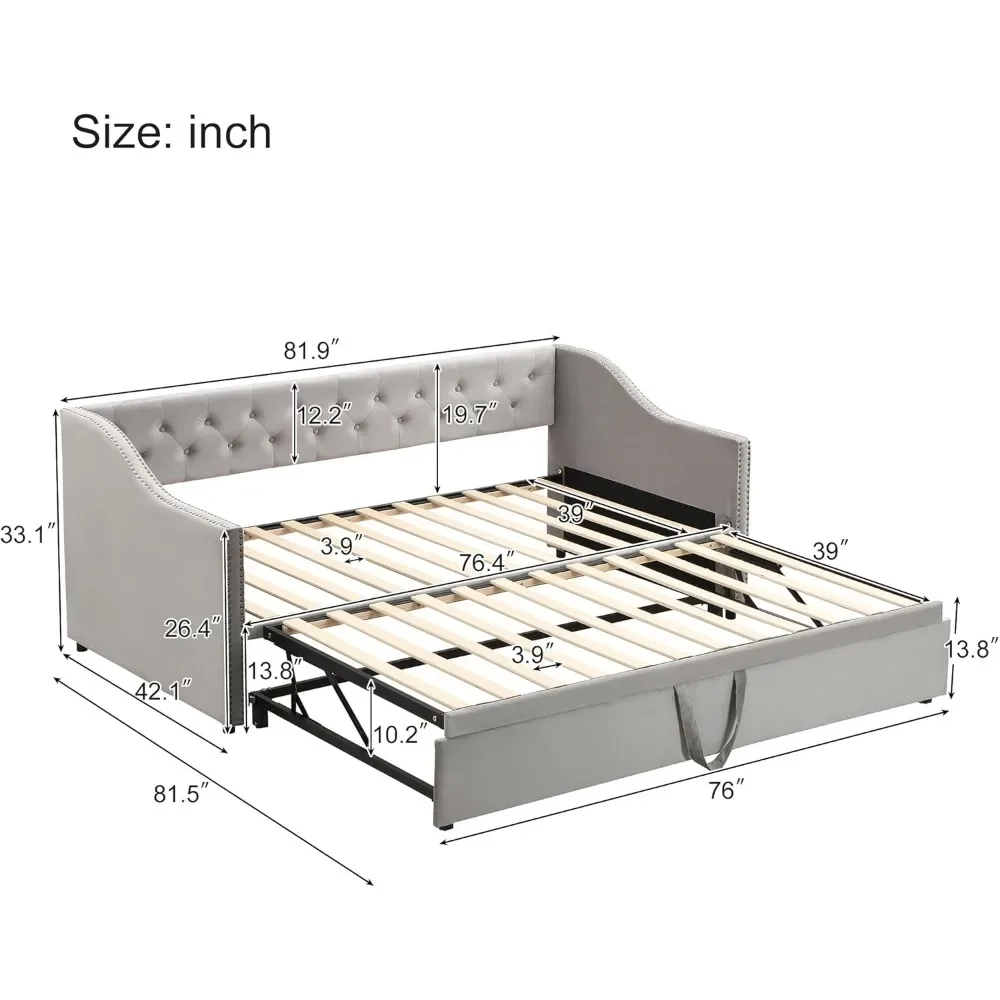 Cama de día de terciopelo tapizada con Trundle emergente, sofá cama multifuncional con respaldo y dos reposabrazos para habitación de niños, habitación de invitados