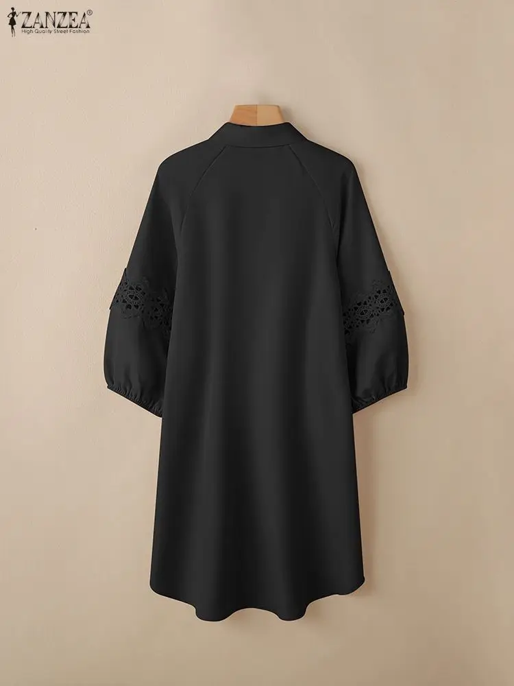 فستان نسائي مخرم مزين بالدانتيل موضة ربيع 2026 3/4 كم فانوس بياقة بطول الركبة ملابس نسائية من ZANZEA