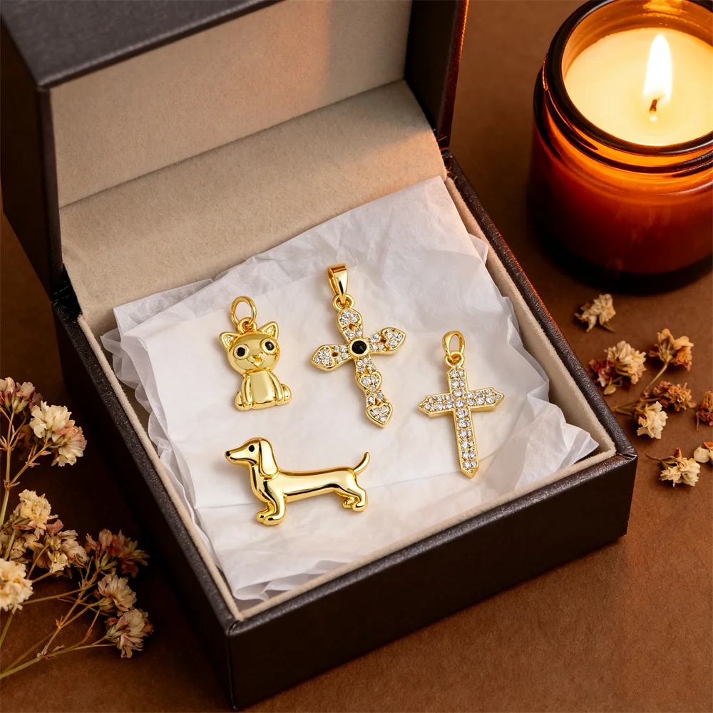 

2Pcs Pendants Brass DIY Jewelry Charms Cat Cross Dachshund Dog with Cubic Zirconia for Women Men Handmade Crafting Accessories