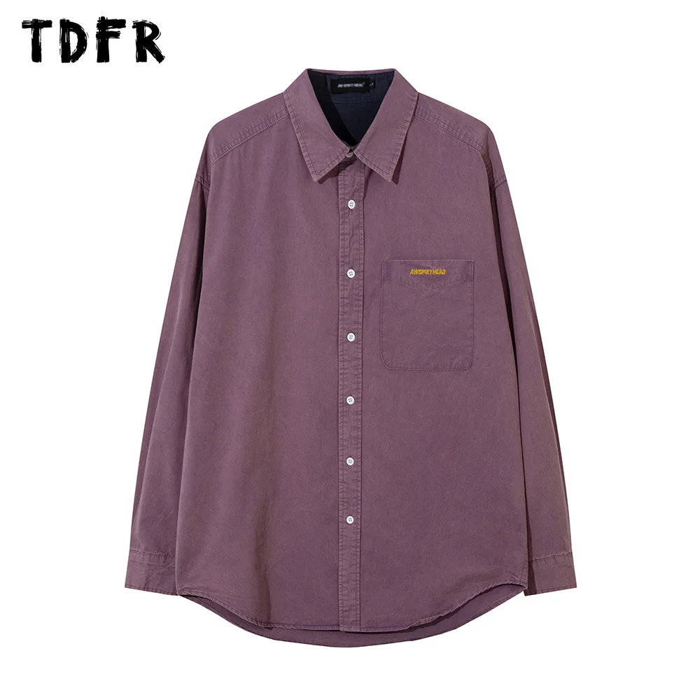 

Pocket Embroidery Long Sleeve Shirts Mens Autumn Streetwear Solid Color Lapel Single Breasted Curved Hem Cotton Shirts Men