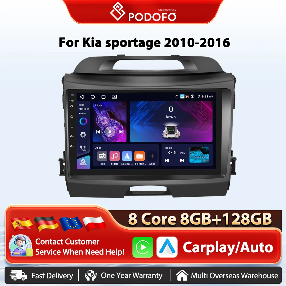 Radio samochodowe Podofo Android Carplay do Kia Sportage 2010-2016, sterowanie kierownicą, ekran dotykowy, WIFI, GPS, odtwarzacz multimedialny