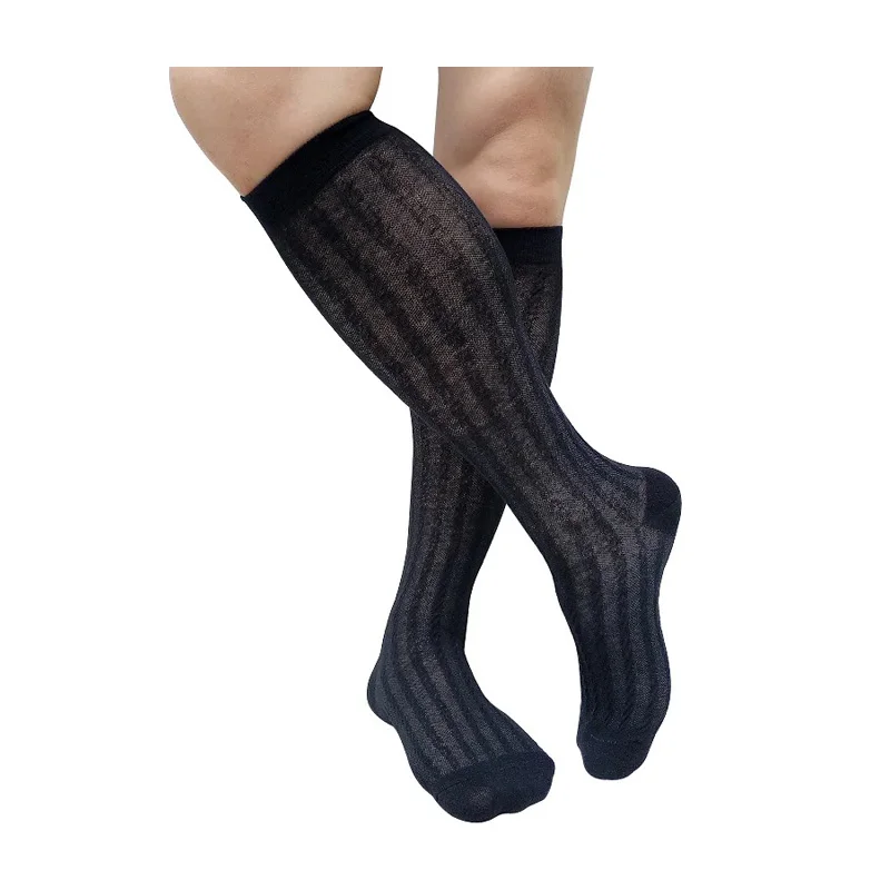 

Полосатые хлопковые мужские деловые носки, длинные до колена, деловой костюм, мужские носки, прозрачная сетка, мягкий дышащий шланг