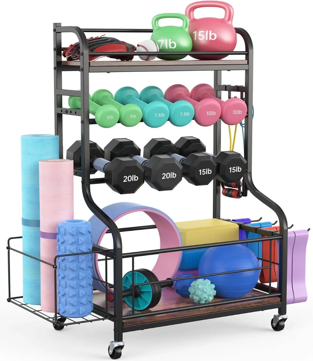 

All in One Home Gym Storage Rack for Yoga Mat Dumbbells and Kettlebells Holder, 4 Tier Heavy Duty Metal Workout Gym