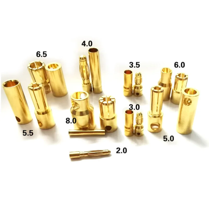 20 par/lote 2.0mm 3.0mm 3.5mm 4.0mm 5.5mm 6.0mm 8.0mm ouro bala banana conector plug para esc lipo rc bateria plugues (40 pces)