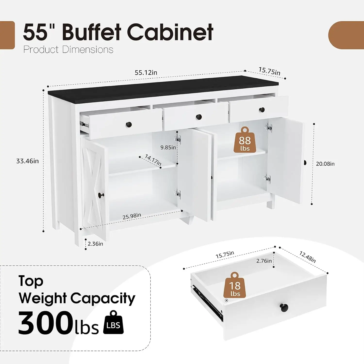 Farmhouse Sideboard Buffet Cabinet with Storage, Wood Coffee Bar Cabinet, 55