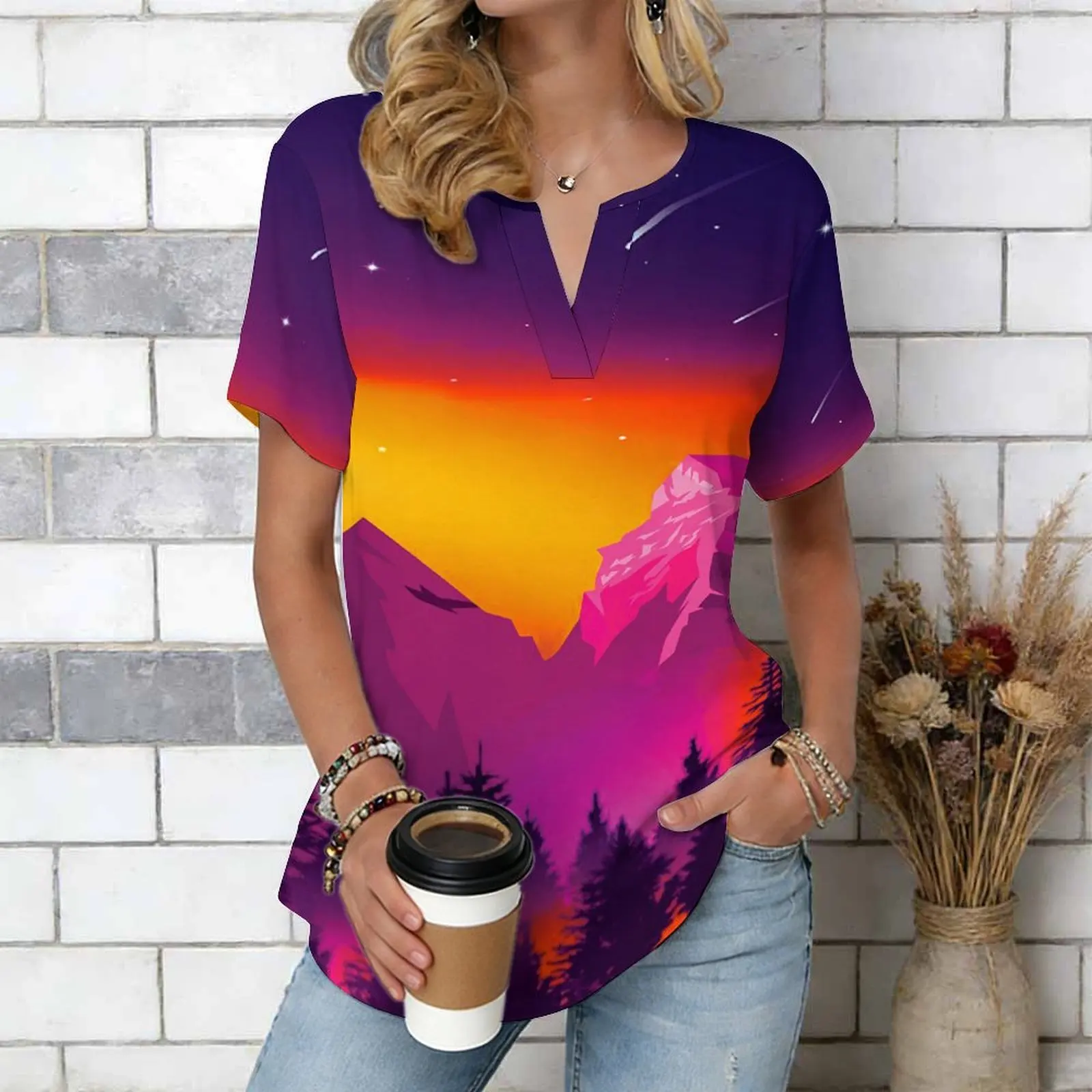 Women Print Notched V Neck Short Sleeve Casual Loose Tunic Tops