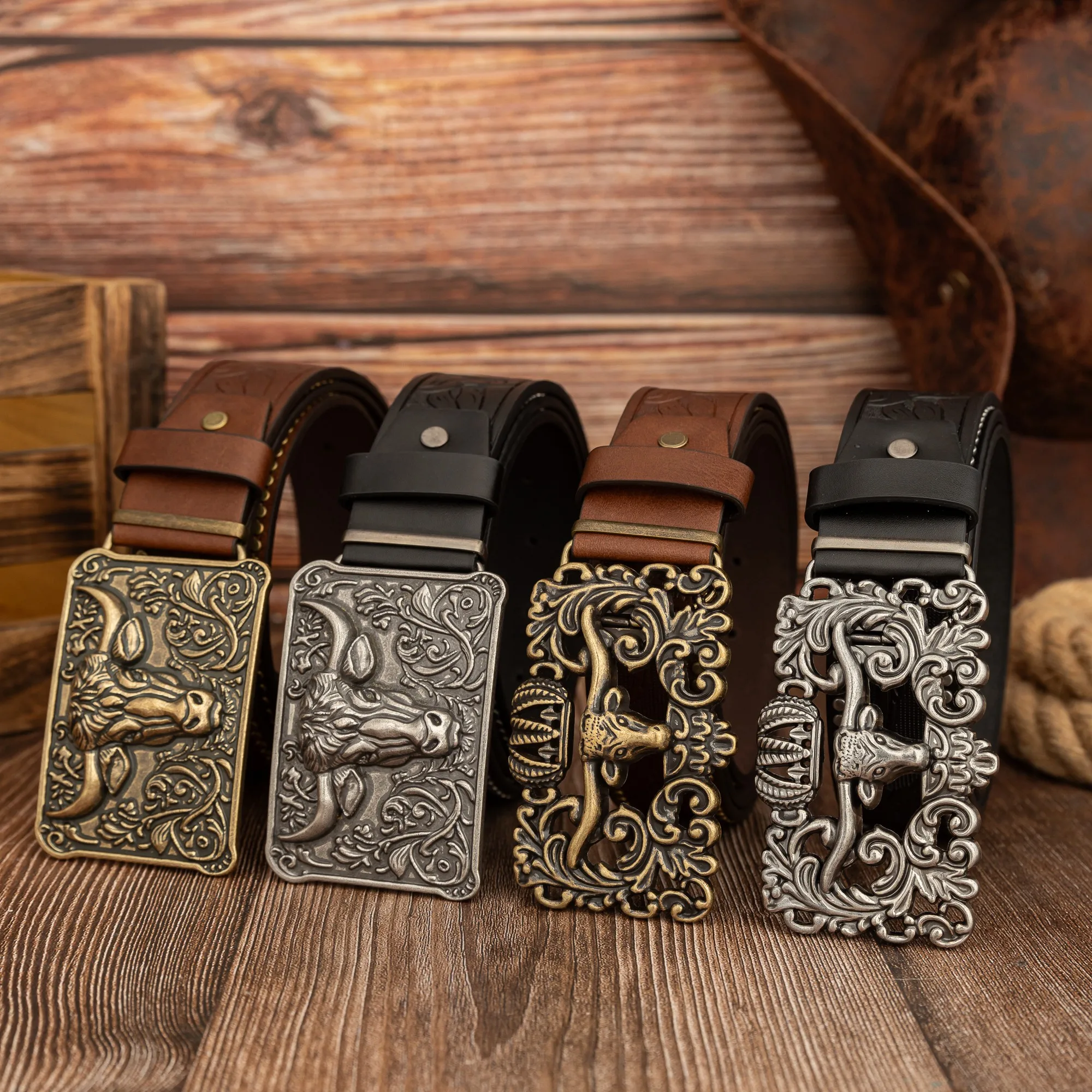 Crown hollowed-out pattern bull head buckle, retro and versatile bull head PU embossed rivet belt