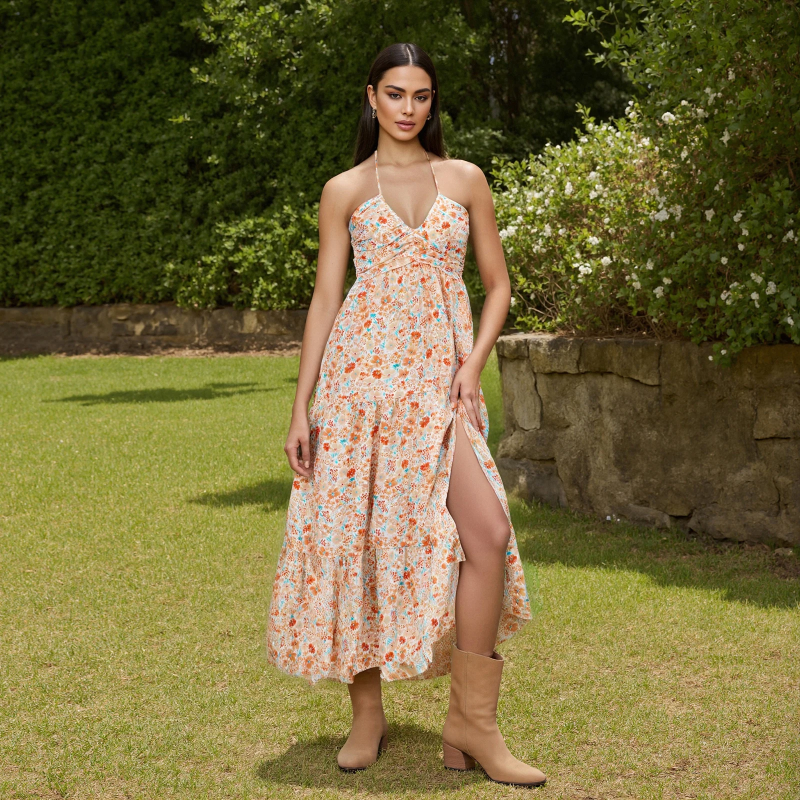 2025 Sexy Women's Halter Long Dress Fashion Ladies Sleeveless Deep V Neck Solid Color/Floral Print Slim Dress Summer Beach Dress