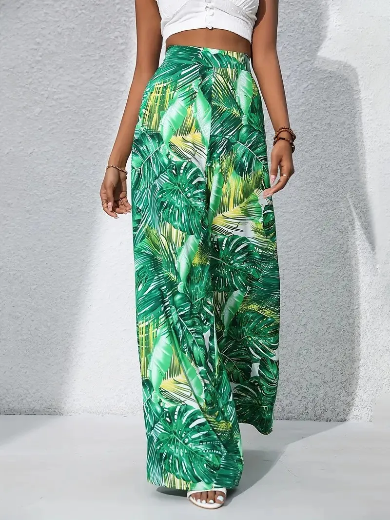 

Summer Women's Clothing Printed High Waist Wide Leg Pants For Woman Casual Straight Trousers Elastic Waist Light Poly Spandex