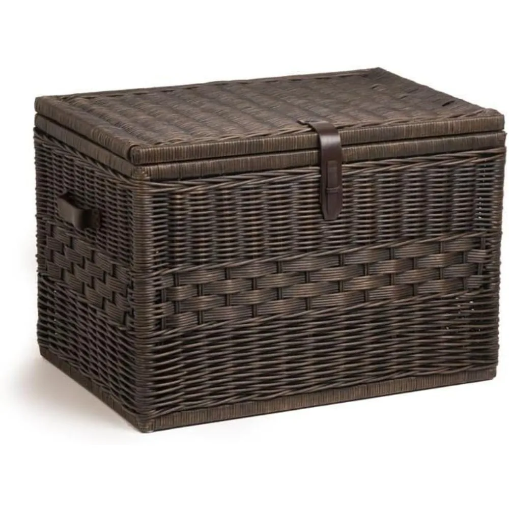 Baule de rangement en osier profond tissé à la main, coffre en osier de rotin naturel avec couvercle et poignées pour couvertures et organisation à domicile-antiq