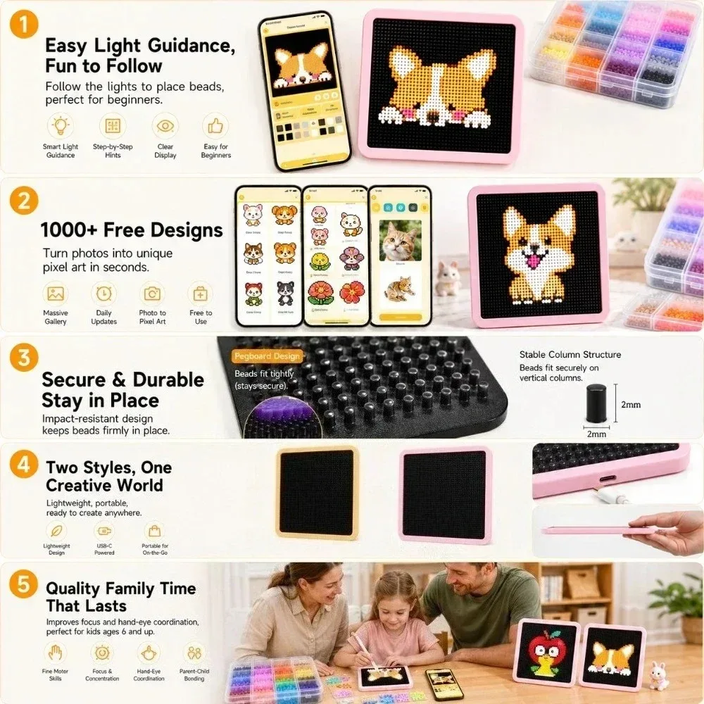 LED Smart Fuse Bead Pegboard, App Guided Pattern Light Board for Arts and Crafts, DIY Pixel Toys Birthday Gift Set