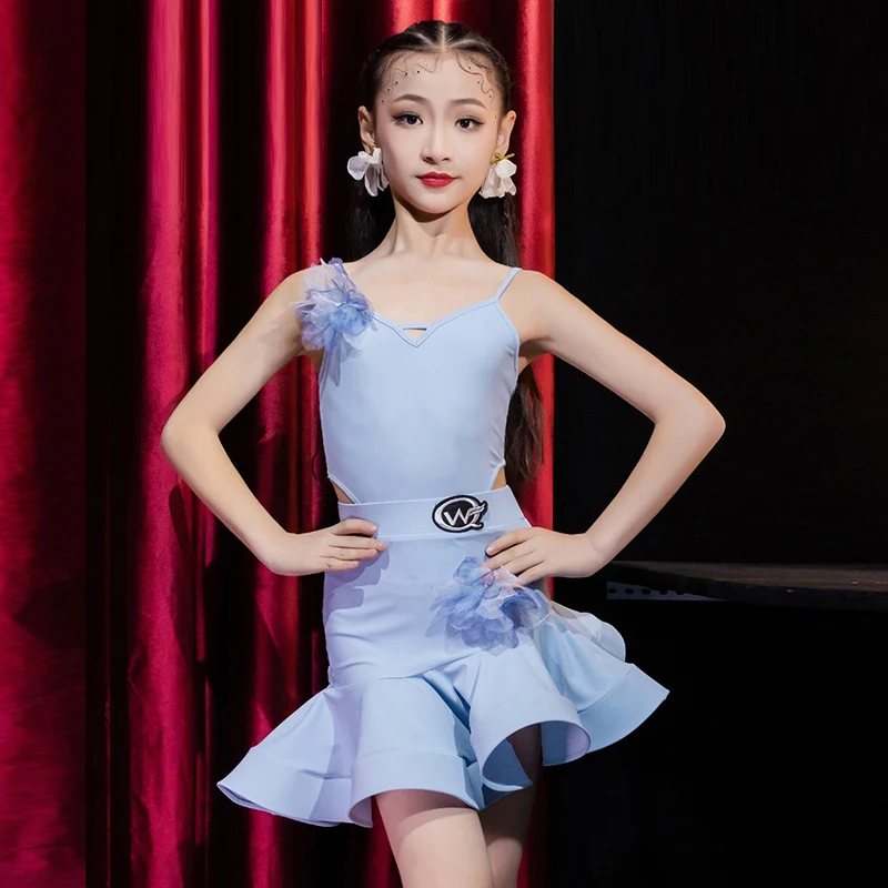 

Summer Blue Sleeveless Latin Dance Dress Girls ChaCha Performance Wear Leotard Skirt Rumba Salsa Tango Training Outfit DL11790