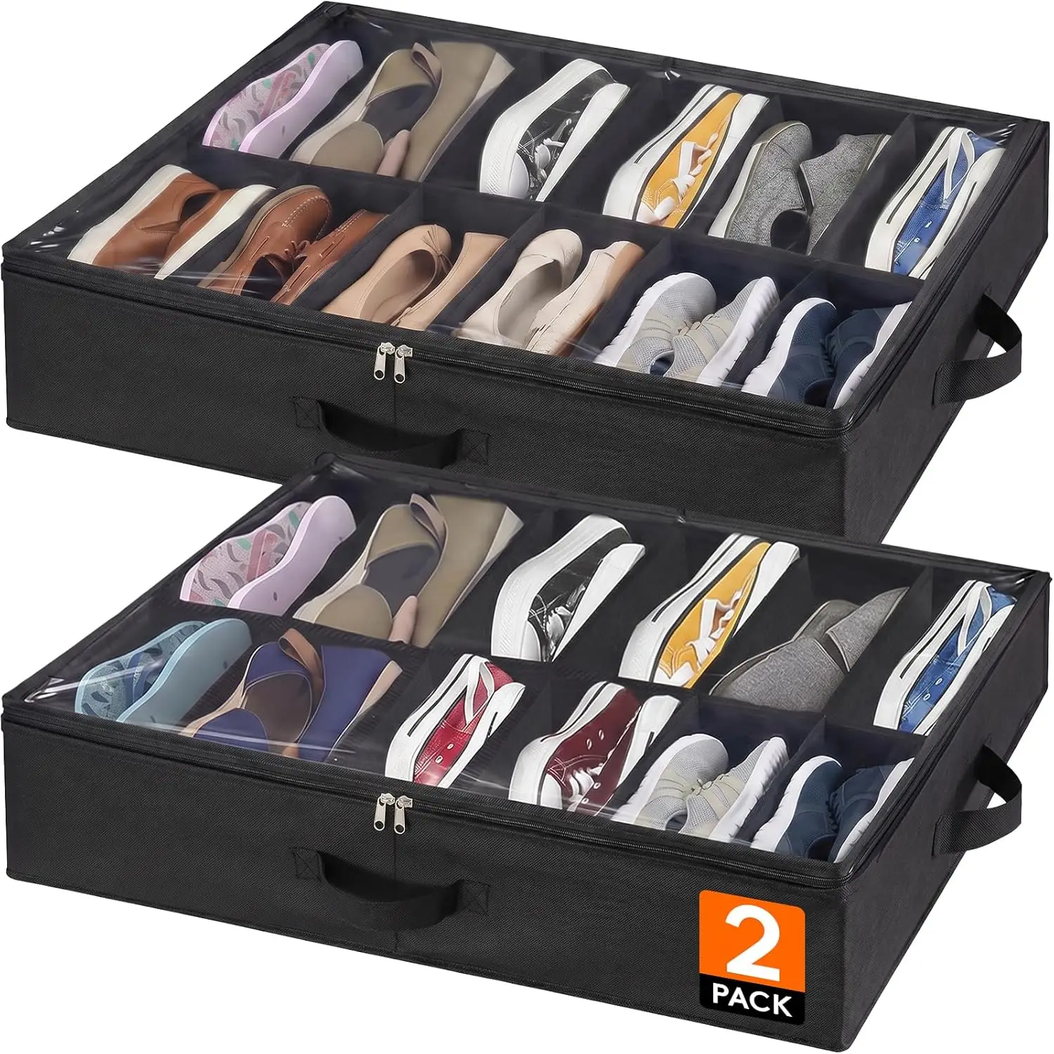 

Under Bed Shoe Storage Organizer 2 Pack(12 Shoes Cells), 4.3 Inches Profile Fabric Shoes Container Box with Clear Cover, Foldabl