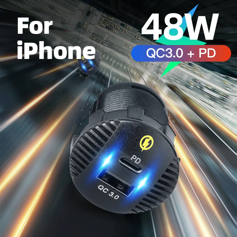 Accesorios de carga rápida para coche, cargador de teléfono de carga rápida QC3.0 de 48W, Usb tipo C PD, impermeable para motocicleta, iPhone, iPad, Samsung