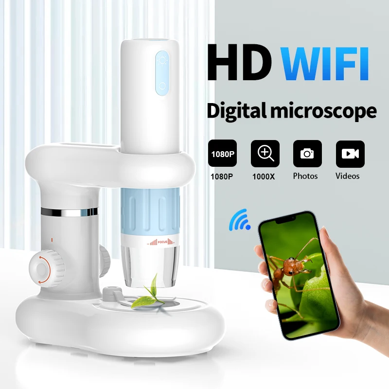 50X-1000X WiFi Digital Microscope 1080P Portable Camera with Lighting Base for Coin Inspection Plant Observation PCB Maintenance