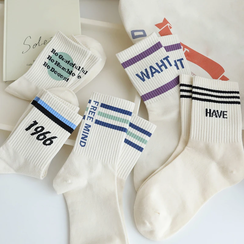 

Cotton Socks For Women High Quality Spring New Fashion Letter Mixed-Color Korean Socks Female Striped Casual White Sports Socks