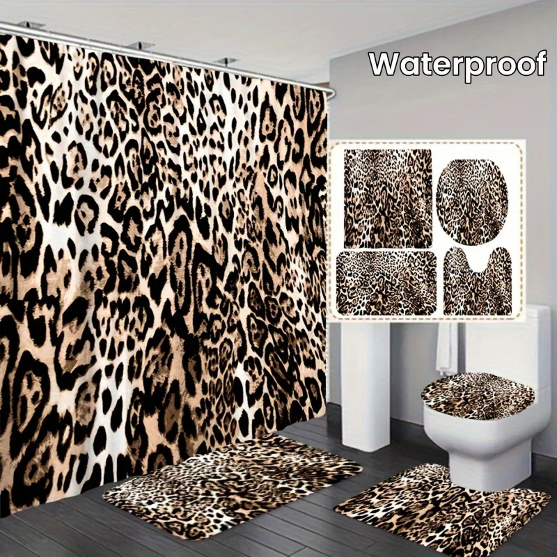 1/3/4PCs leopard printed shower curtain set, waterproof shower curtains with 12 hooks, non slip carpet, toilet lid mat, U-shaped