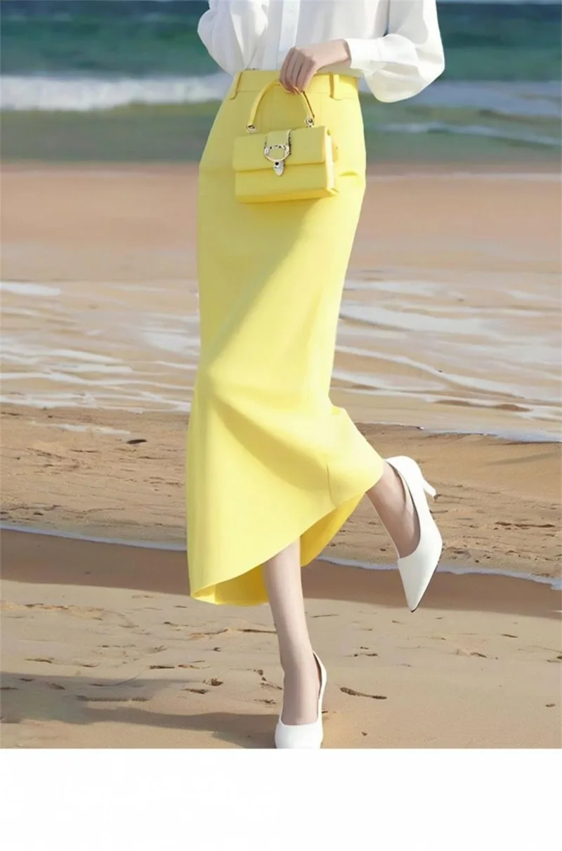 New Korean Fashion Spring Skirt Women High End Elegant Slim High Waist Solid Color A-line Yellow Skirts Office Lady Jupe