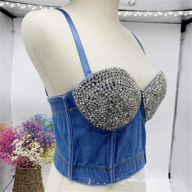 Fashion Short Slim Fit Sleeveless Top Women Rhinestone Diamonds Push Up Bustier Bra Denim Tube Top Nightclub Party Tanks Camis