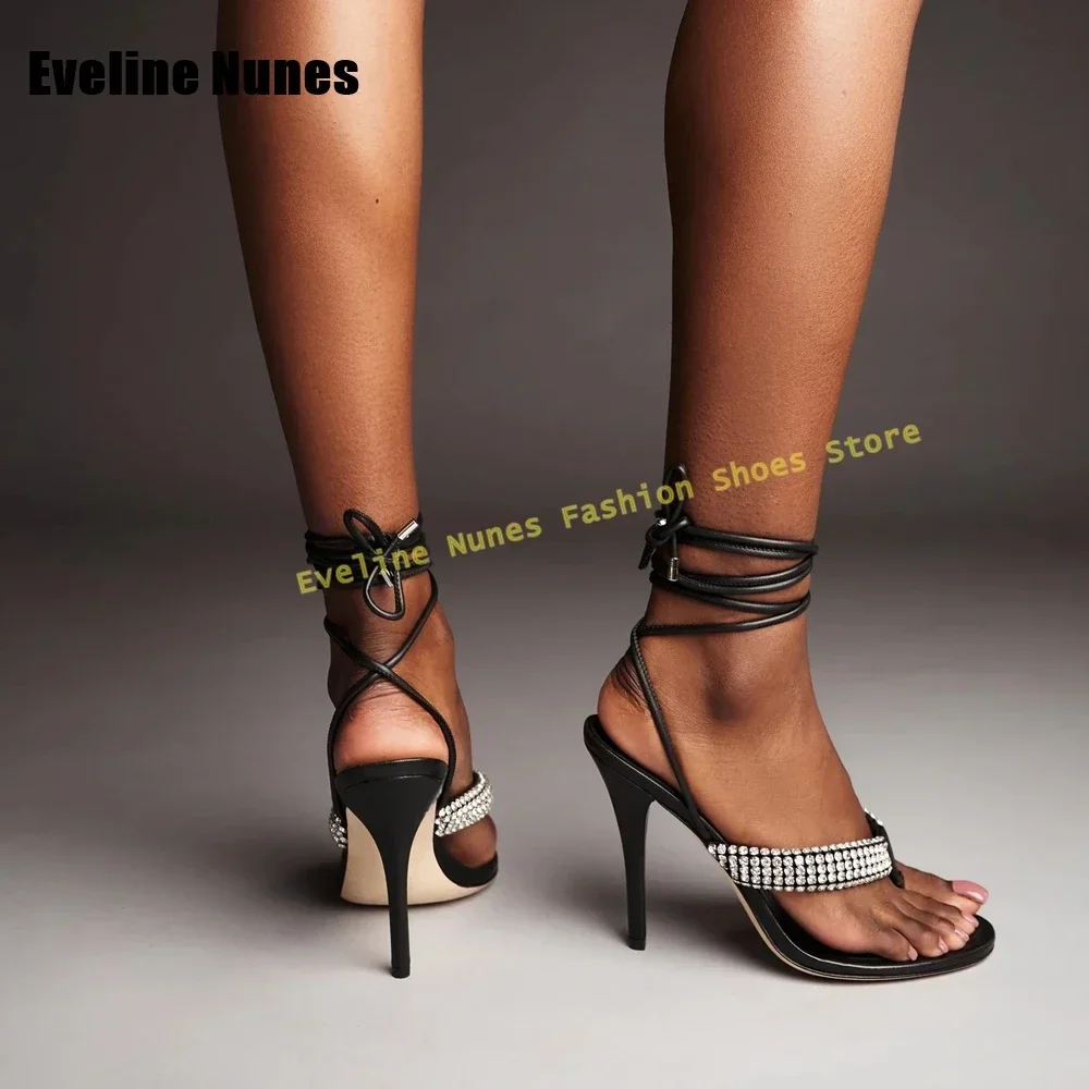 Ankle Strap Round Toe Side Air Slingback Fashion Shoes Rhinestone Clip Toe Stiletto Sexy Sandals Lace-Up Women Party Dress Shoes