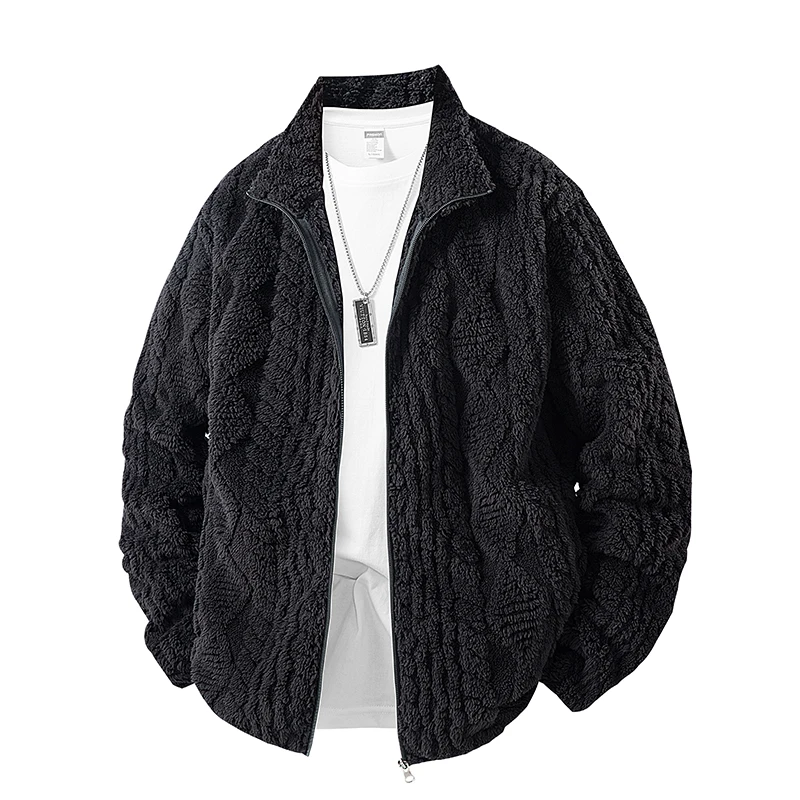 Men Textured Sherpa Fleece Jacket Stand Collar Full Zip Thick Warm Twist Jacquard Winter Casual Outerwear