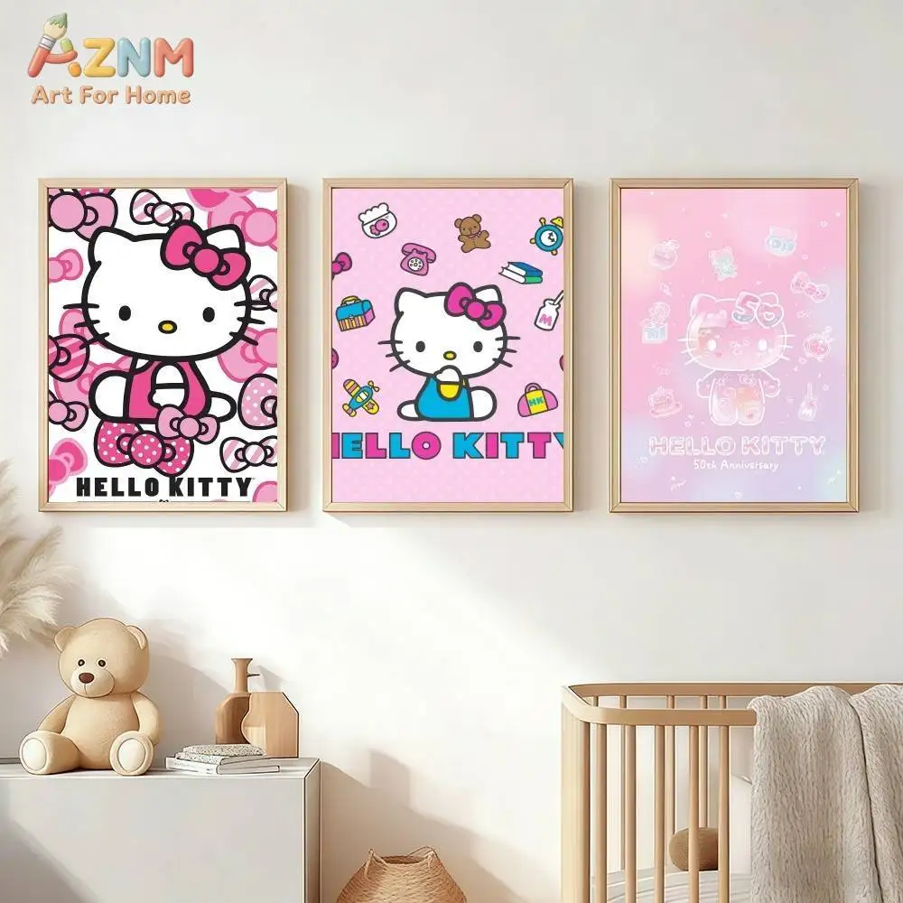 AZNM Hello Kitty Kawaii Sanrio - Arte de pared en lienzo, bonito póster impreso sin marco con diseño de gato de dibujos animados, lazo rosa dulce, temática del 50 aniversario C