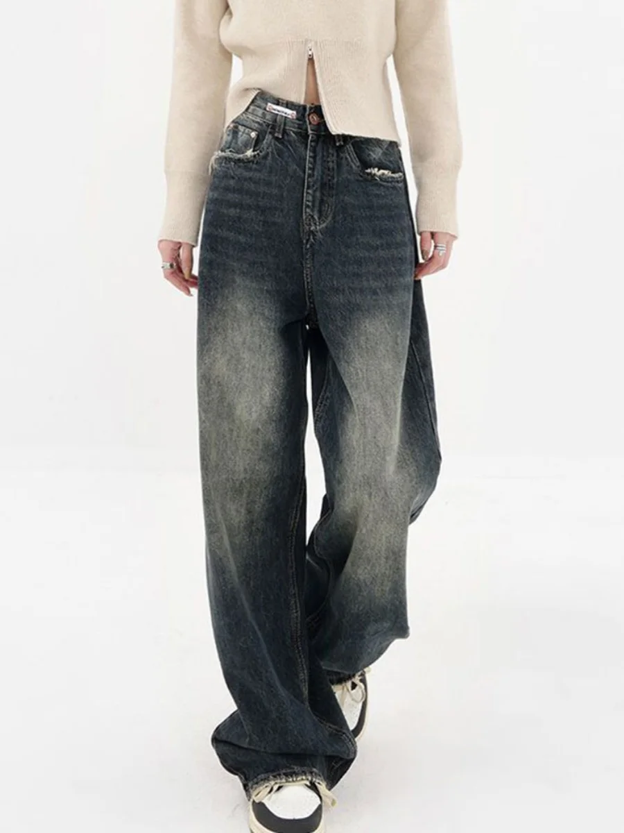 

High Waist Elastic Waist Denim Jeans Women's Spring Autumn plus Size Slimming Straight Leg Loose High Street Wide Leg Pants